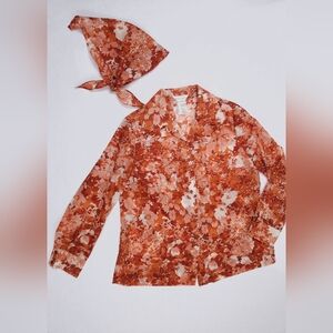 Alex Colman Vintage 60s Brown Semi Sheer Point Collar Button-Down Blouse Scarf M